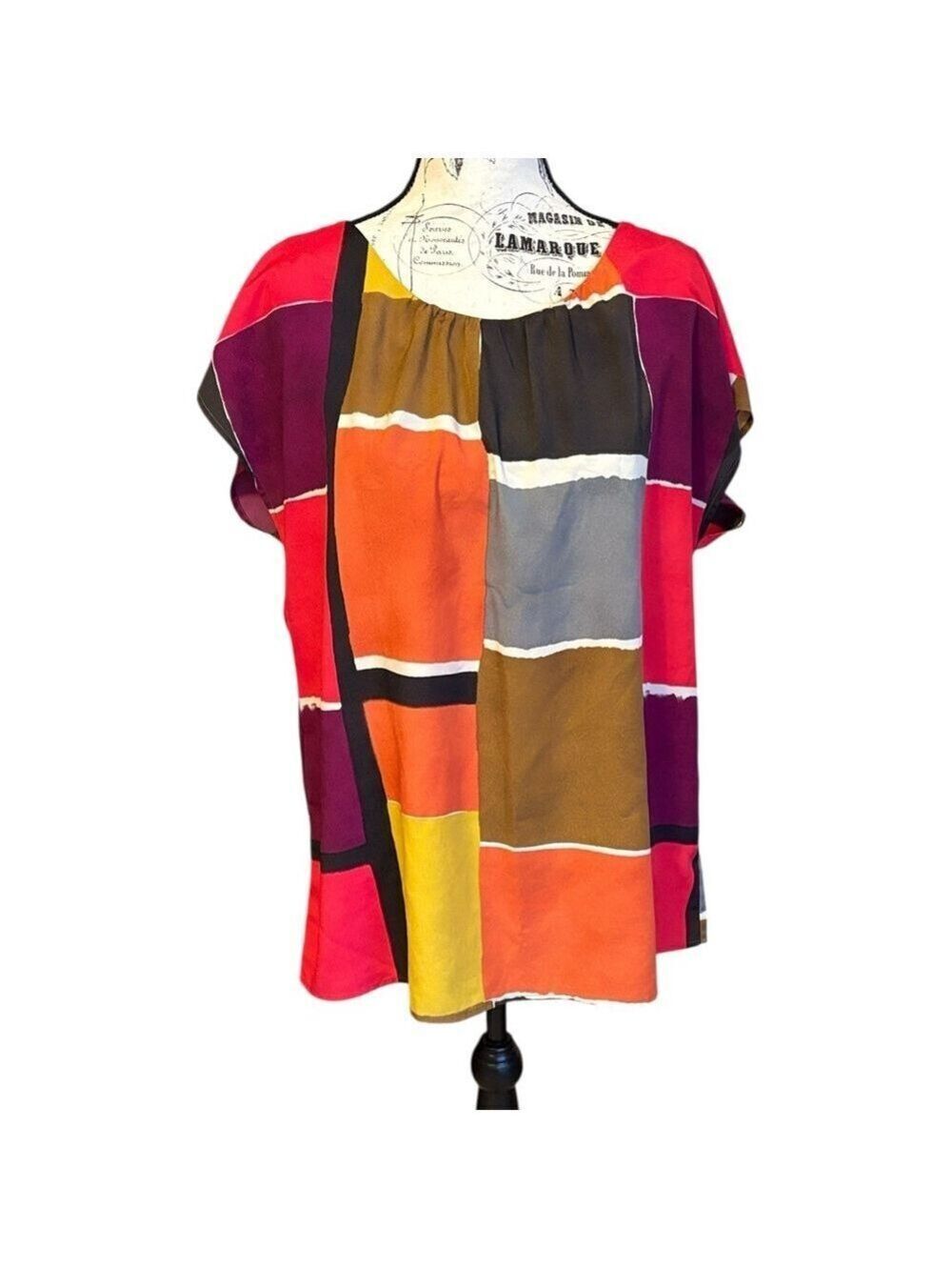 LOFT Multi Color Block Blouse Cap Sleeves Pleated Feature Size L